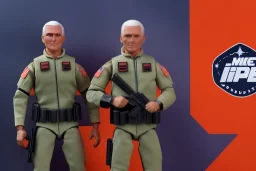 packaging label Mike pence g.i. joe toy With a gun space force uniform action figure, fluorescent orange, pricetag, snowcat