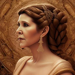 hyperspace background, complete and photo realistic detailed head to waist stunning photo realistic portrait of carrie fisher as Princess Leia in star wars with photo realistic updo hair by Mandy Jurgens and mucha and Richard Schmid and chuck close and chie yoshii, extraordinary and detailed ceremony dress of star wars,brown eyes