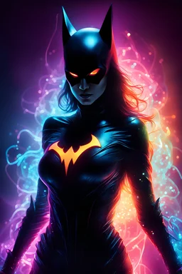 Ultra detailed illustration of the dark silhouette of a Batwoman, phantasmagorical figure, (((translucent skin:1.5))), (((translucent body:1.5))), art by Mschiffer, neon lights, light particles, colorful, cmyk colors, strong backlit, back lights