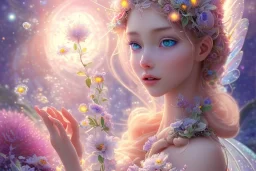 one very little beautiful fairy on a big crystal subtle flower in a galactic ambiance, transparent petals, delicate colors, in the foreground, full of details, smooth, bright sunshine，soft light atmosphere, light effect，vaporwave colorful, concept art, smooth, extremely sharp detail, finely tuned detail, ultra high definition, 8 k, unreal engine 5, ultra sharp focus