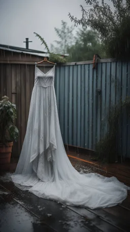 A wet washed wedding dress hanging on a rob in the backyard drying cloths rob , in a stormy foggy sky in the background