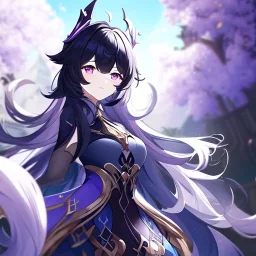 Clear focus,High resolution, black long fluffy hair, long fluffy bangs, purple eyes, wearing a genshin outfit, wearing a short skirt,