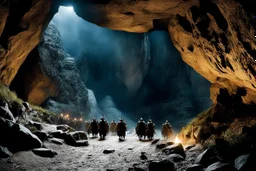 [high res photo from the Lord of The Ring movie (JRR Tolkien)] the entry of a cave in the mountain, during the night, orc warriors are guarding the entrance, observed from behind a rock