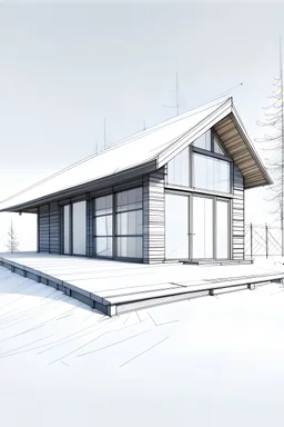 nakresli obrazok chaty v modernom style zasnezenu pol metrom snehu. Vyzera to ako fotka. podorys 12x6 metrov. je poschodova