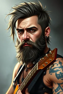 short haired bearded rockstar human bard 80s fantasy