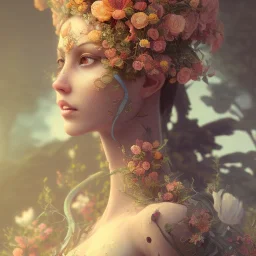 perfect woman, flowers, fractal paint, plants, wildflower, character portrait, intricate, insanely detailed, 4k resolution, cinematic smooth, intricate detail, bright colors