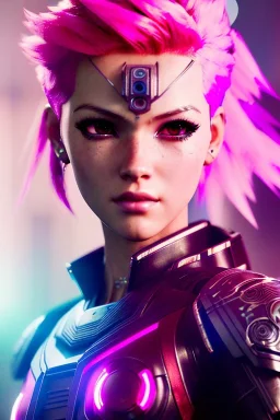 Cyborg anime warrior, pink hair, short and messy hairstyle, blue eyes, waist up portrait, 8k resolution, intricate details, ornate details, soft lighting, vibrant colors, retroanime, masterpiece, intricate eyeliner, dark eyeshadow, eyes, intricate tattoos, futuristic cityscape background