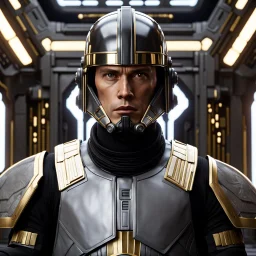 star wars bald male corellian pilot wearing pearlescent black and gunmetal grey First Order special forces heavy assault armor and helmet with gold trim inside the jedi temple, centered portrait, hyperdetailed, dynamic lighting, hyperdetailed background, 8k resolution, volumetric lighting, light skin, fully symmetric details