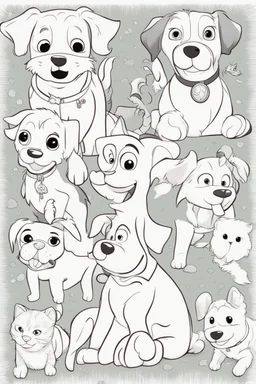 colouring book cover, simple picture for toddlers, pets: dogs, kitties, disney and pixar style