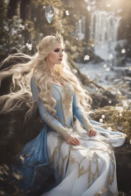 Elven princess,elven crown,long white blonde golden hair,rapunzel hair,ice flowers,beautiful,light blue,dark blue,golden armor,sparkle,glitter,ice flowers,snow,elven ears,dark fairy princess