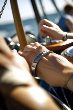 Create a dynamic scene of a regatta with multiple sailboats competing. Zoom in on a close-up of a sailor's wrist, highlighting the sailing watch as they skillfully navigate their boat through the course.