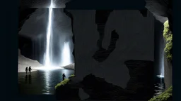 two figures traversing a cliffside path, in an underground cavern with a waterfall and still lake