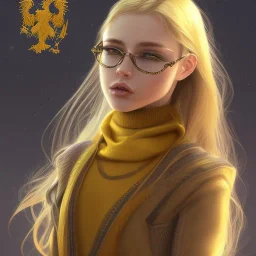 Girl with long wavy brown blond hair, yellow hawk eyes. Wears Hogwarts Hufflepuff uniform and sunglasses with a yellow clip.