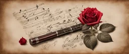 Hyper realistic red rose on a vintage paper with harmonica instrument & musical notes