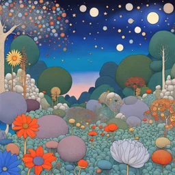 Colourful, peaceful, Max Ernst, Gustav Klimt, night sky filled with galaxies and stars, trees, rocks, giant flowers, one-line drawing, sharp focus, 8k, 3d