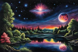 lake reflecting the Orion nebula, on an alien world within the Orion Nebula, by night, nebula reflected in the water, alien otherworldly plant like life forms unlike those of earth :: extremely detailed, intricate, photorealistic, beautiful, high detail, high definition, pencil sketch, deep color, watercolor, award winning, crisp quality