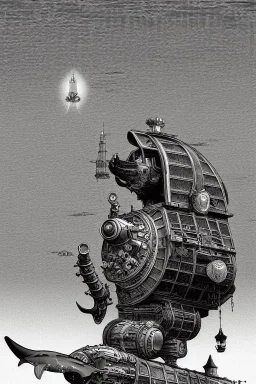 As monochrome image of a steampunk shark robot, by kawase hasui, moebius and edward hopper,gustave dore, colorful flat surreal design, hd, 8 k, artstation