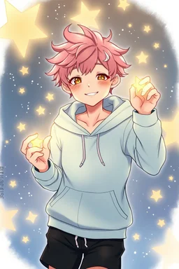 A young man with tousled pink hair and golden eyes floating among the stars wearing a light blue hoodie and black board shorts. He is smiling softly and holding a star in one hand. Photo realistic.