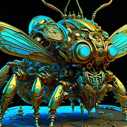 neon steampunk insect with kris kuksi sculpture style highly detailed objects, symmetric, front view, as trending in artstation, weird creature, dystopian, crisp detailed cogs and gear, jules verne, 3d rendered details, mad max, andrei kovbalev, fantasy art, human skin, dragon scales, complex gold or cooper ornaments, covered by many living tiny objects