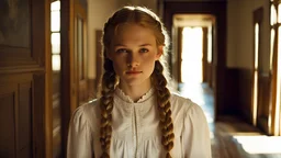 Closeup of a beautiful caucasian 16 year old girl. She has long blonde hair worn in two braids. She is wearing a white frilly silk blouse. She is standing in the hallway of an old house. She is gazing at the viewer.