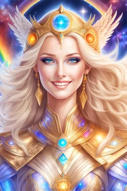 cosmic woman angels smile,admiral ufo high commander from the future, one fine whole face, crystalline skin, expressive blue eyes,rainbow, smiling lips, very nice smile, costume rainbow pleiadian, Beautiful tall woman pleiadian Galactic commander, ship, perfect datailed golden galactic suit, high rank, long blond hair, hand whit five perfect detailed finger, amazing big blue eyes, smilling mouth, high drfinition lips, cosmic happiness, bright colors rainbow, blue, pink, gold, jewels, realist,8k