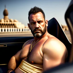 full body shot photography of an Italian sicilian taxi driver burly ugly sitting in the taxi, chubby tired 45 years old driving shirtless, bullneck, thin gold chains, short beard, sweat, short hair, bulge, robust, manly chest, looking down, big shoulders,, photorealistic, side light, ambient occlusion, tired eyes. 35mm lens, internal view inside the Taxi