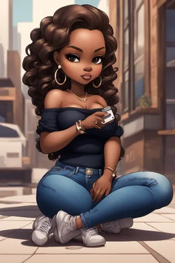 Create a urban culture art of a black chibi curvy female sitting on the floor looking at her cell phone. She is wearing tight blue jeans and a black off the shoulder blouse. Prominent make up with lush lashes. Highly detailed wavy ombre blonde and brown long hair. She is also wearing silver large hoop earrings