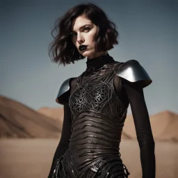 beautiful caucasian half cyborg woman, black metal body and limbs, chrome details, anorexic figure, short brunette wavy bob haircut, dystopian, desert scene