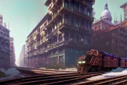 Train close up+Elevated train+corner Venice building+Italian sea village +alphonse mucha, greg rutkowski,matte painting, cryengine, hyper detailed, felix kelly, fantasy art, seb mckinnon