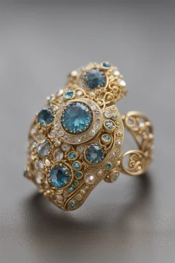 art deco inspired ring with jewels and intricate details, gustav klimt inspired details, ethereal, fantasy feel