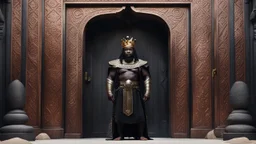 black king stands in front of huge door in mountain