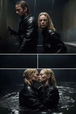 Margot Robbie and Georgia Henshaw tied up back-to-back in black leather, trapped in a flooding chamber as water comes up to their necks.