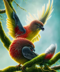 a detailed illustration of a black and green red yellow phoenix sitting on a branch of a tree, phoenix bird wallpaper, luminescent body, glinting wings, full body, symmetrical body, realistic, glowing wings, sharp focus, meticulously detailed, soft evening sky, 64k