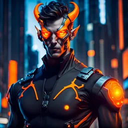 Male half-demon cyberpunk spy with orange eyes, wearing a spandex bodysuit