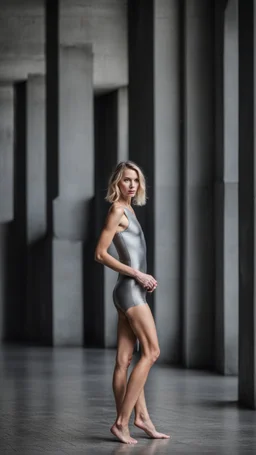 beautiful anorexic woman, total shot, short grey metallic triathlon swimsuit, short blond wavy bob hair, blurred concrete background