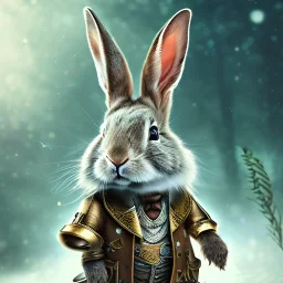 steampunk rabbit, extremely detailed, UHD, 8k,The close-up camera effect,sharp focus,perfect, background forest,position,hyperphotorealistic