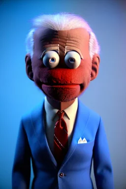 Waist up Portrait, joe Biden as muppet doll, Blue suit retro style, photo studio, blue background, unreal engine 5, concept art, art station, god lights, ray tracing, RTX, lumen lighting, ultra detail, volumetric lighting, 3d.