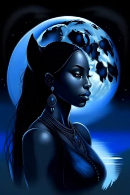 girl from the river, by night, moon in the sky, blue light from the water, diamond in her front, show her face and the diamond on her front she is a shaman, she stand beside a black panther