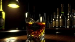 4k full realism. Details maximum. Lumieres maximales. Un bar hardrock. Lemy motorhead boit un verre de whiskey au comptoir