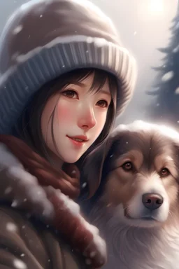 a pretty japanese woman, in winter clothes and hat, snow falling, a dog licks her face, cute, happy, realistic, digital art, 4k