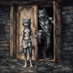 fantasy digital art of a sad young anthro wolf have gray hairy wolf body gray paws, and wears just a short canvas rag around her waist , she falls to the ground in the rain kicked out of the house, falls towards the camera, behind her an tall angry anthro wolf man just in dark gray body hairy kicks she out the door with his foot, behind in rustic halb open door in an massive wooden house, rainy day, detailed, fantasy mood