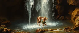 master oil painting by Rembrandt,cute trolls dancing inside waterfall, we barely see them inside the cascades