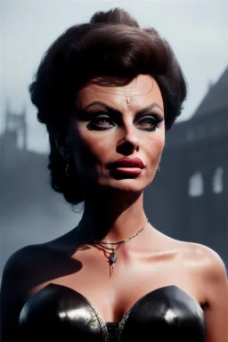 young sophia loren as evil queen in black leather, angry, stern look, volumetric lighting, particales,highly detailed,cinematic, deep colours,8