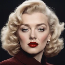 in a close-up, eye-level shot, marilyn monroe, a blonde woman with short, wavy hair, is the focal point of the image. she's dressed in a dark brown turtleneck sweater, paired with a black hat and a black suit jacket. her lips are a vibrant red, and her eyes are a deep brown. her hair, a light shade of blonde, is styled in loose waves, adding a touch of whimsy to her appearance. in the background, a man with a black hat and a white shirt is visible..,bokeh like f/0.8, tilt-shift lens 8k, high de