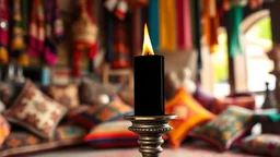 black fire flame in an antique candlestick, which is in front of an oriental background, oriental colors and objects, in the background blur pillows on the floor, and colorful scarves hanging from the ceiling, the sharp focus is on the black flame, high realistic photo