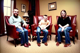 Awkward Family Photo, old and young sitting on chairs, weird smiling