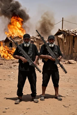 schwarze terroristen in einer wüste stehen hinter einem brennendem dorf mit ihren sturmgewehren. sie sind alt und obdachlos und haben graue bärte