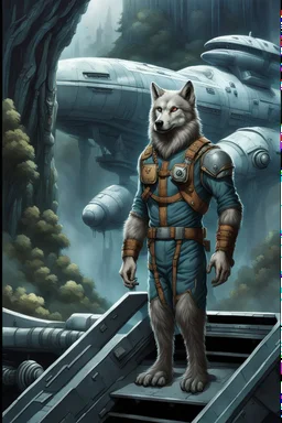 front an anthropomorphic big hairy wolf-man standing on spaceship's ramp on alien land and looking at the camera, around big white-blue fog and the spaceship's ruins . His gaze is directed towards the rain-soaked landscape, which is filled with towering trees with massive trunks. In background back him the spaceship and big fog. The atmosphere is a seamless blend of sci-fi and dark fantasy mood