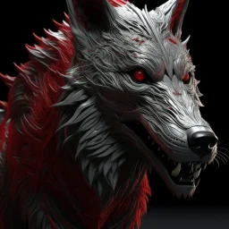 Wolf humanoide, calidad ultra, hiperdetallado, intrincado, maximalista, colores plateado y rojo, 8k 3D