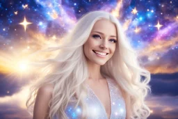 very beautiful cosmic women with white long hair, smiling, with cosmic dress and in the background there is a bautiful sky with stars and light beam